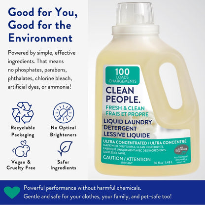 The Clean People Liquid Laundry Detergent - Recyclable Packaging, Stain Fighting - Ultra Concentrated, Laundry Soap (50 Fl Oz, Fresh Scent) - Available at All In One Marketplace Canada