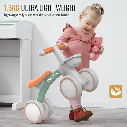 Umatoll Baby Balance Bike Toys for 1 Year Old Boys Girls Gifts, Adjustable Seat Baby Walker, First Birthday Gifts, 12-24 Months Toddler Ride on Toys with Removable Basket, Green