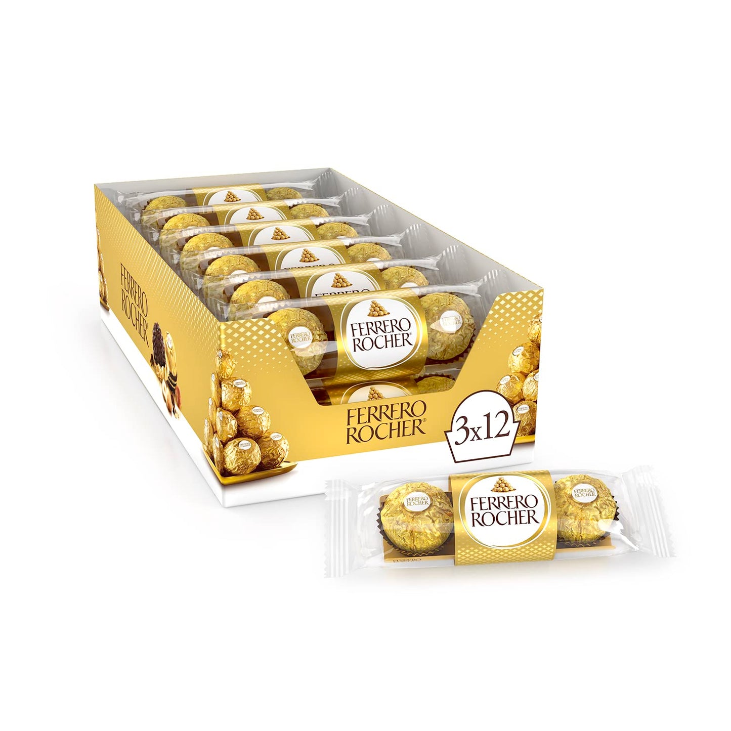 Ferrero Rocher Fine Hazelnut Milk Chocolate - 12 Packs of 3 Pralines (450g)