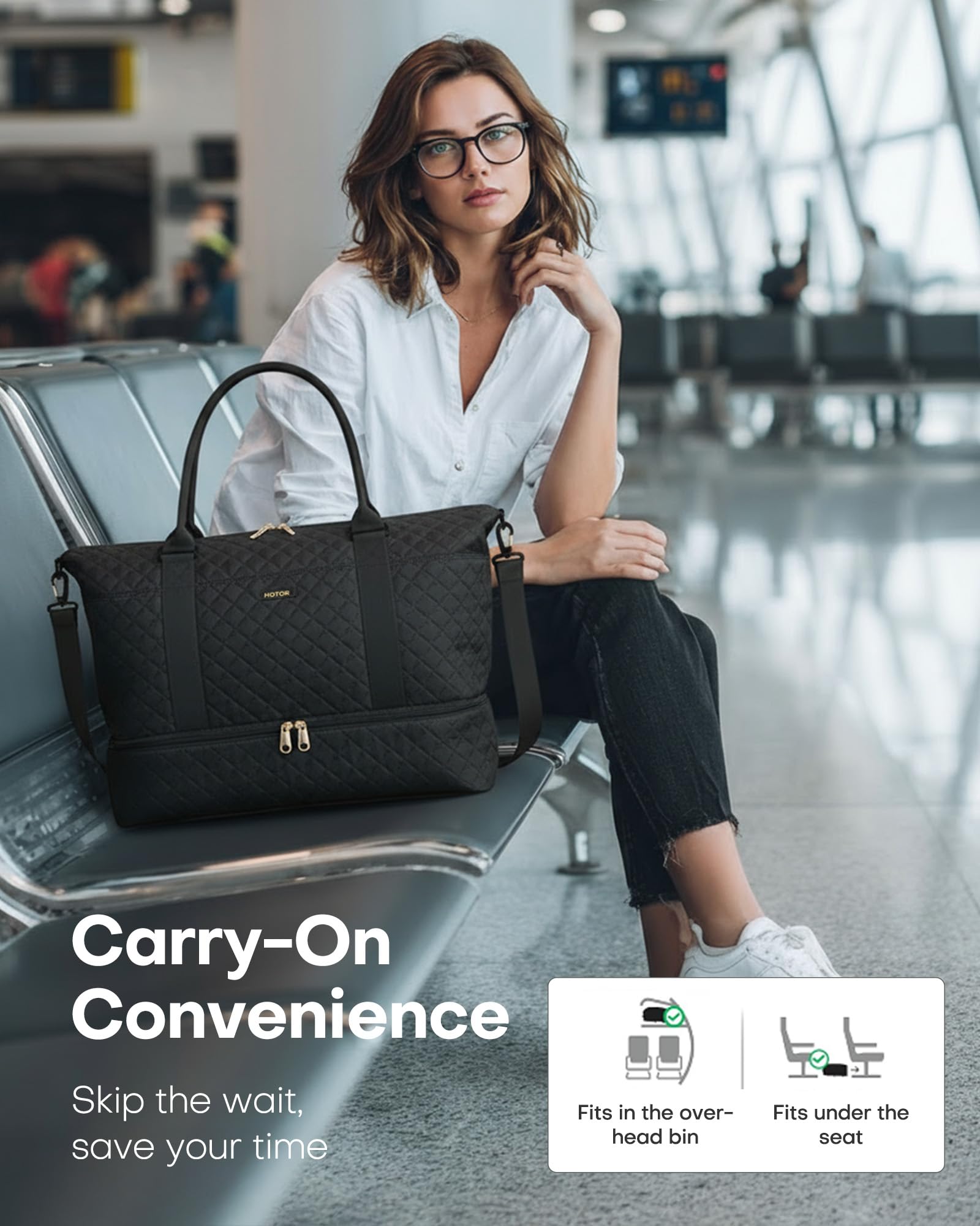 HOTOR Travel Duffel Bag - Large Weekender Bags for Women, Carry On Bag with Shoe Compartment, Overnight Bag with Toiletry Bag for Travel Essentials and Travel Accessories, Black, 34.0 x 45.0 x 20.0 cm - Available at All In One Marketplace Canada