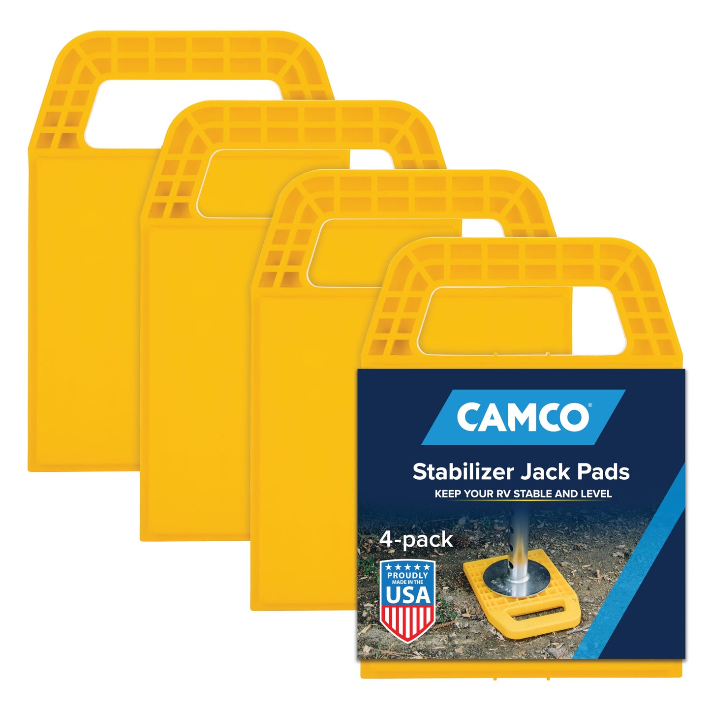 Camco RV Stabilizing Jack Pads, Helps Prevent Jacks from Sinking, 6.5 Inch x 6.5 Inch Pad - 4 Pack (44595), Yellow Camco