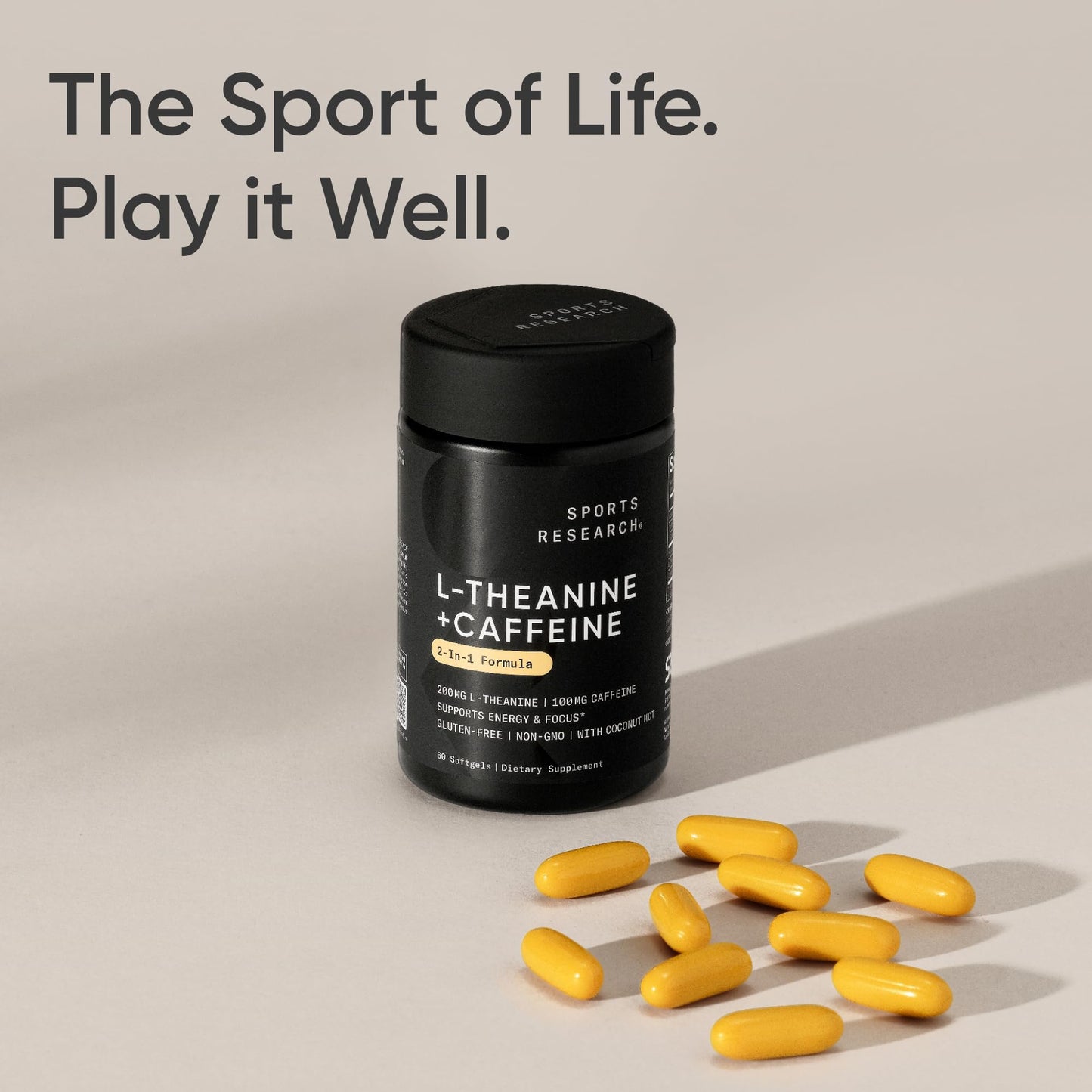 Sports Research® 2-in-1 L-Theanine Supplement with Caffeine & MCT Oil from Organic Coconuts - Focused Energy, Alertness & Relaxation Without Drowsiness - 200mg L Theanine, 100mg Caffeine - 60 Softgels - Available at All In One Marketplace Canada