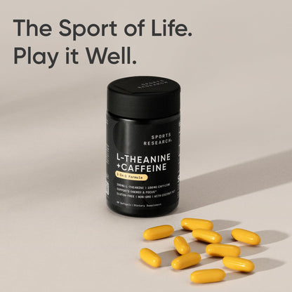 Sports Research® 2-in-1 L-Theanine Supplement with Caffeine & MCT Oil from Organic Coconuts - Focused Energy, Alertness & Relaxation Without Drowsiness - 200mg L Theanine, 100mg Caffeine - 60 Softgels - Available at All In One Marketplace Canada