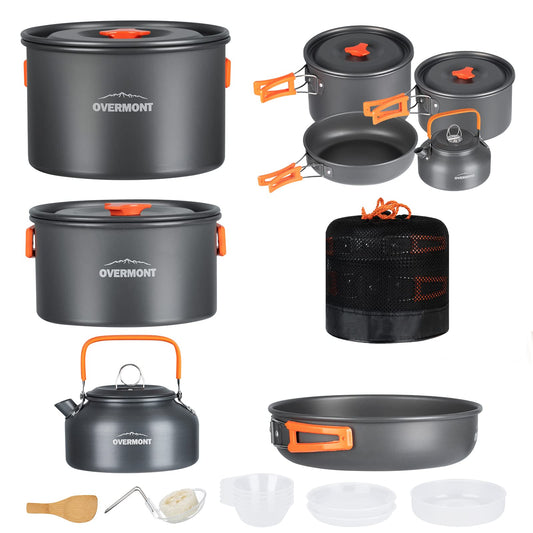 Overmont 16pc Camping Cookware Mess Kit, Portable Camping Cooking Set for Backpacking, Outdoor Hiking and Picnic Pot Pan Kettle Bowl Plate - Available at All In One Marketplace Canada