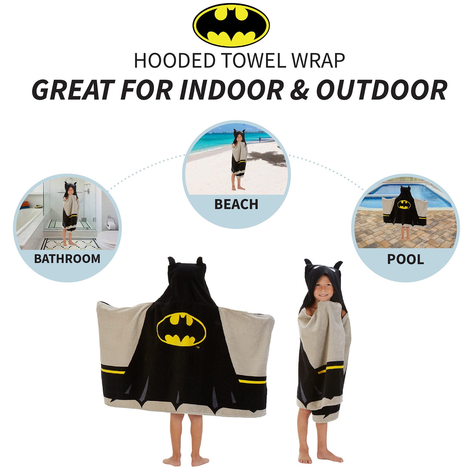 Batman Kids Bath/Pool/Beach Super Soft Cotton Terry Hooded Towel Wrap, 24" x 50", (Officially Licensed Product) By Franco Franco