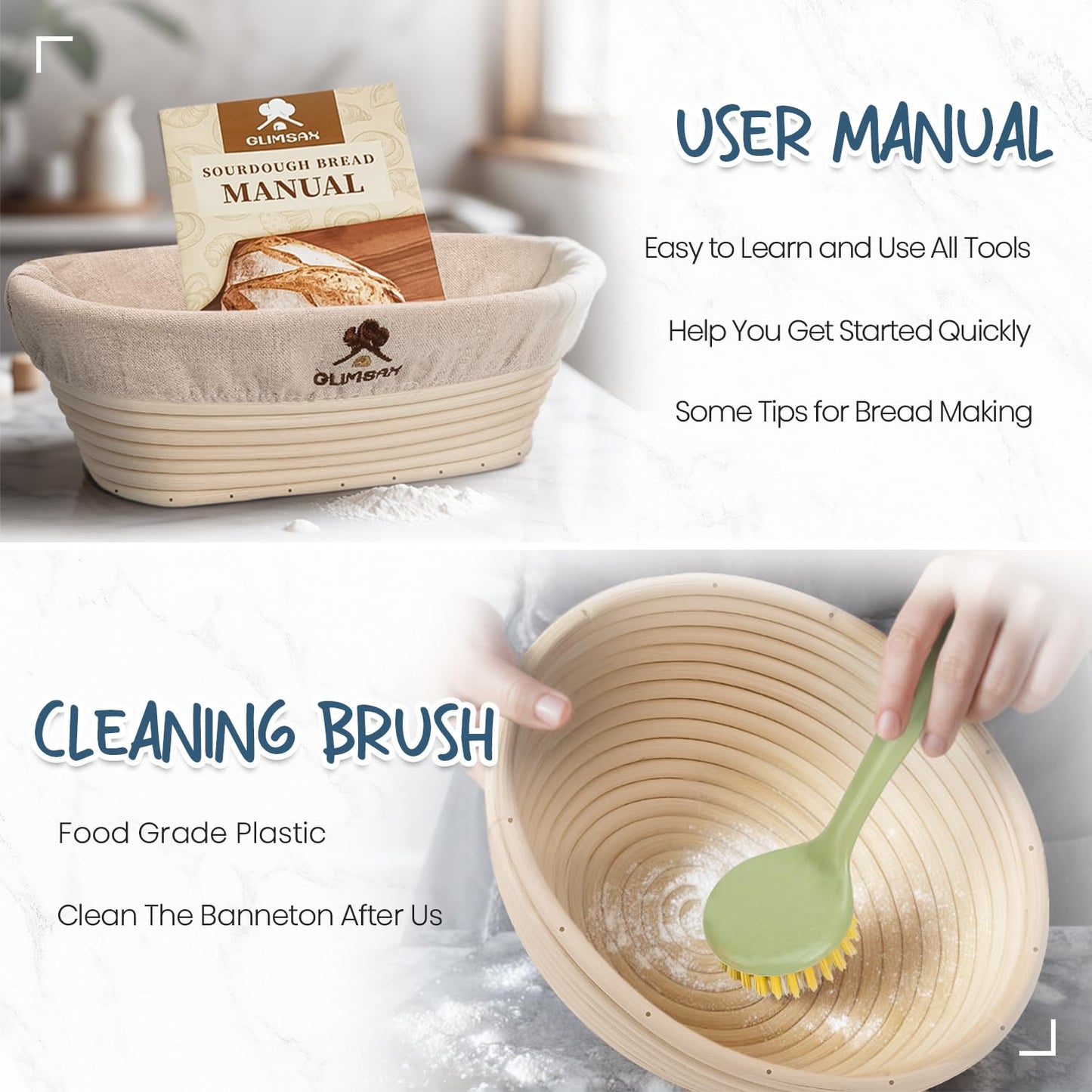 Glimsax Banneton Proofing Basket Set of 2, 9" Round & 10" Oval for Sourdough Baking, Bread Making Accessories and Tools Starter Kit, Gifts for Beginner and Professional Bakers - Available at All In One Marketplace Canada