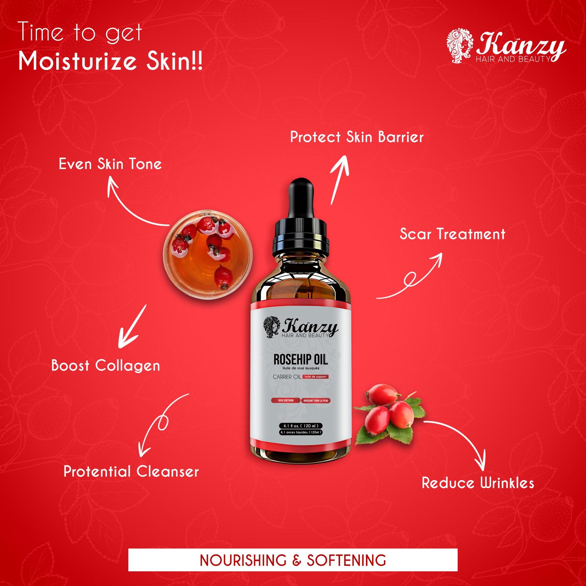 Kanzy Rosehip Oil for Face 120ml - Cold-Pressed Rosehip Oil for Skin, Hair, Nails & Body | Vegan & Cruelty-Free Moisturizing Oil for Daily Use - Available at All In One Marketplace Canada