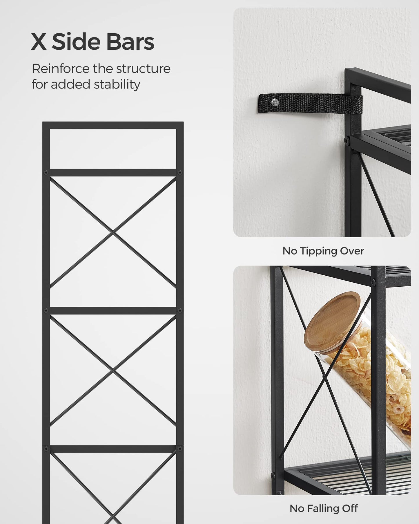 SONGMICS 5-Tier Metal Storage Rack, Shelving Unit with X Side Frames, Dense Mesh, 12.6 x 23.6 x 57.3 Inches, for Entryway, Kitchen, Living Room, Bathroom, Industrial Style, Ink Black UBSC165B01 SONGMICS