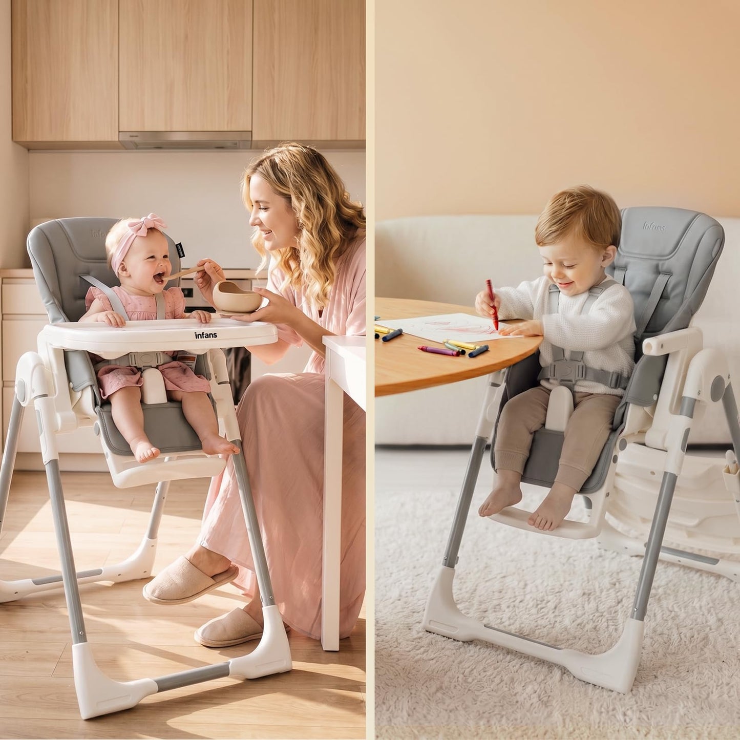 INFANS High Chair for Babies & Toddlers, Foldable Highchair with Multiple Adjustable Backrest, Footrest and Seat Height, Removable Tray, Detachable PU Leather Cushion, Built-in Rear Wheels (Grey) 🍁 All In One Marketplace Canada