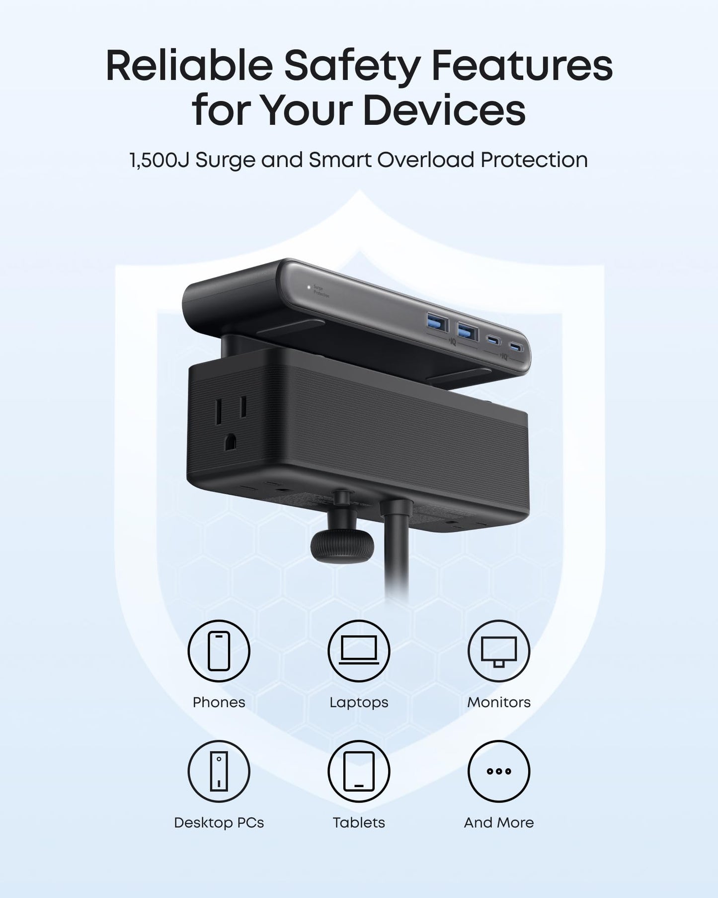 Anker Nano Power Strip, Desk Clamp with 1500J Surge Protector, 5ft Extension Cord, 70W Max Gaming Desk Accessories, 6 AC, 2 USB A, 2 USB C, Home Office Essentials, Fit 0.6~1.8'' Tabletop Edge (Black) - Available at All In One Marketplace Canada