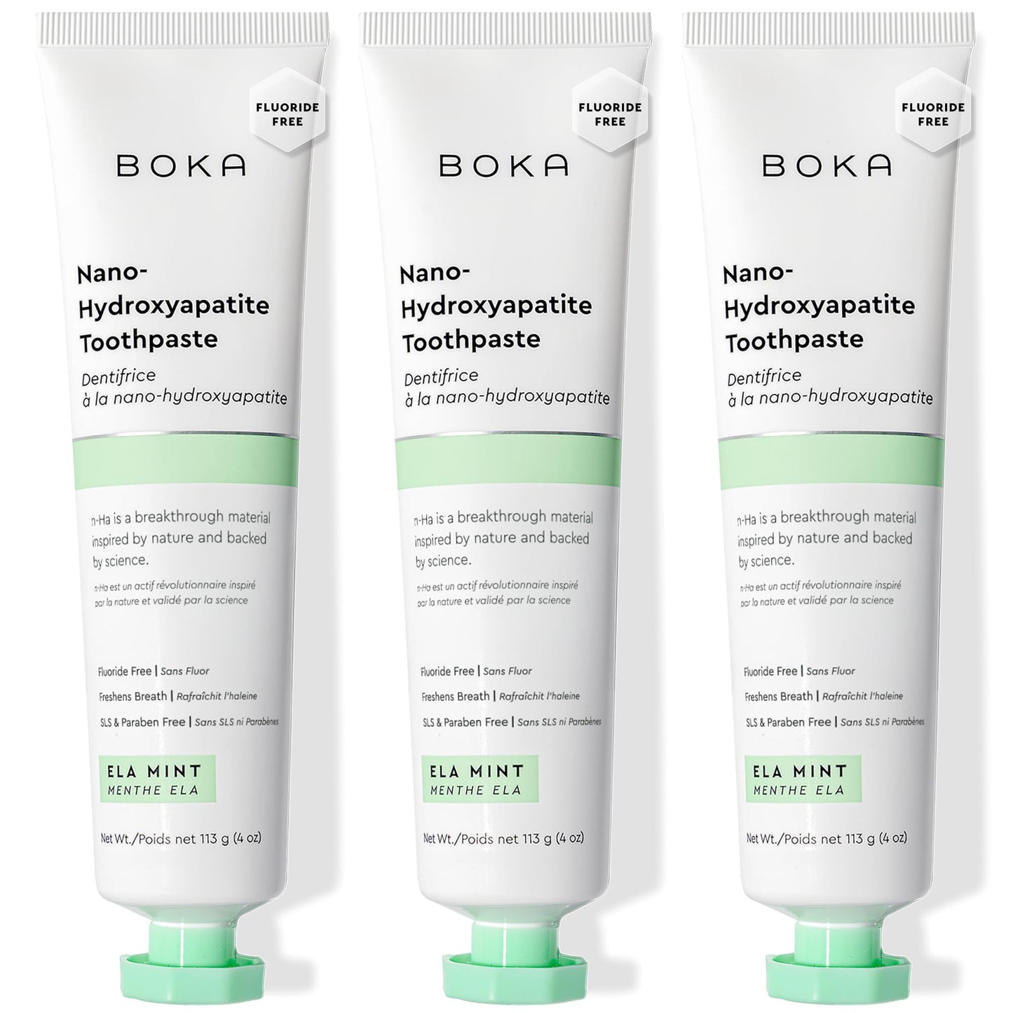 Boka Fluoride Free Toothpaste, Nano Hydroxyapatite Toothpaste, Appropriate for Sensitive Teeth - for Adult Oral Care - Ela Mint Flavor, 4 Fl Oz (113g) 3Pk