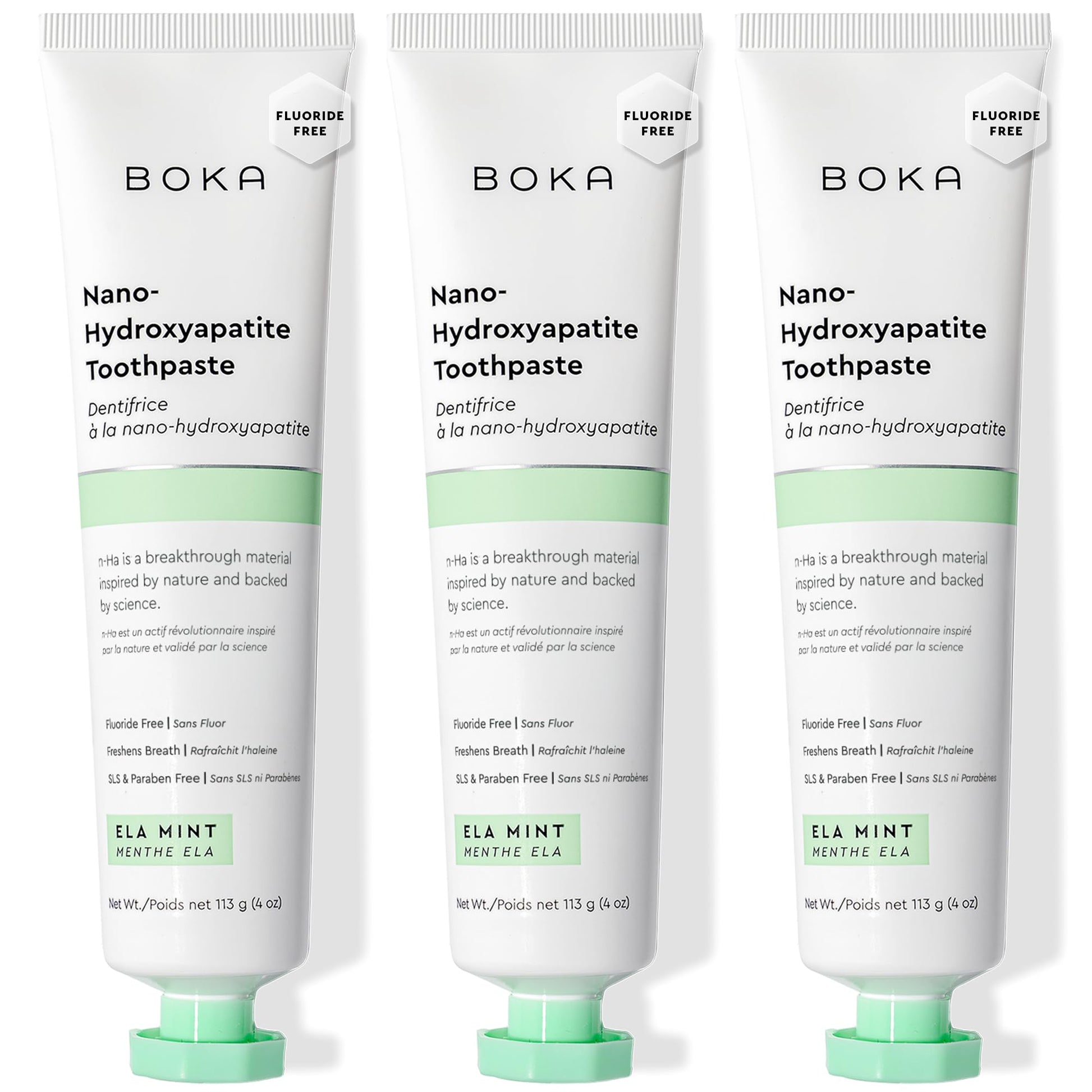 Boka Fluoride Free Toothpaste, Nano Hydroxyapatite Toothpaste, Appropriate for Sensitive Teeth - for Adult Oral Care - Ela Mint Flavor, 4 Fl Oz (113g) 3Pk