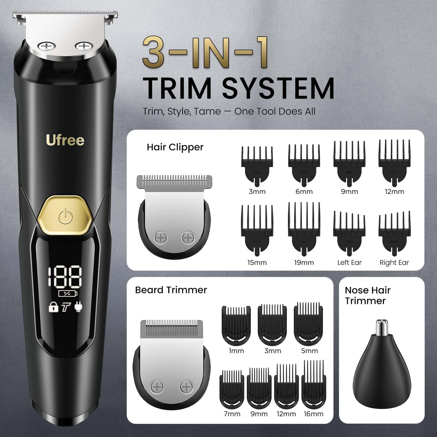 Ufree 3-in-1 Beard Trimmer for Men, Waterproof Electric Razor Shaver for Facial Hair, Rechargeable Hair Trimmer Clippers Grooming Kit, Gifts for Husband Father - Available at All In One Marketplace Canada