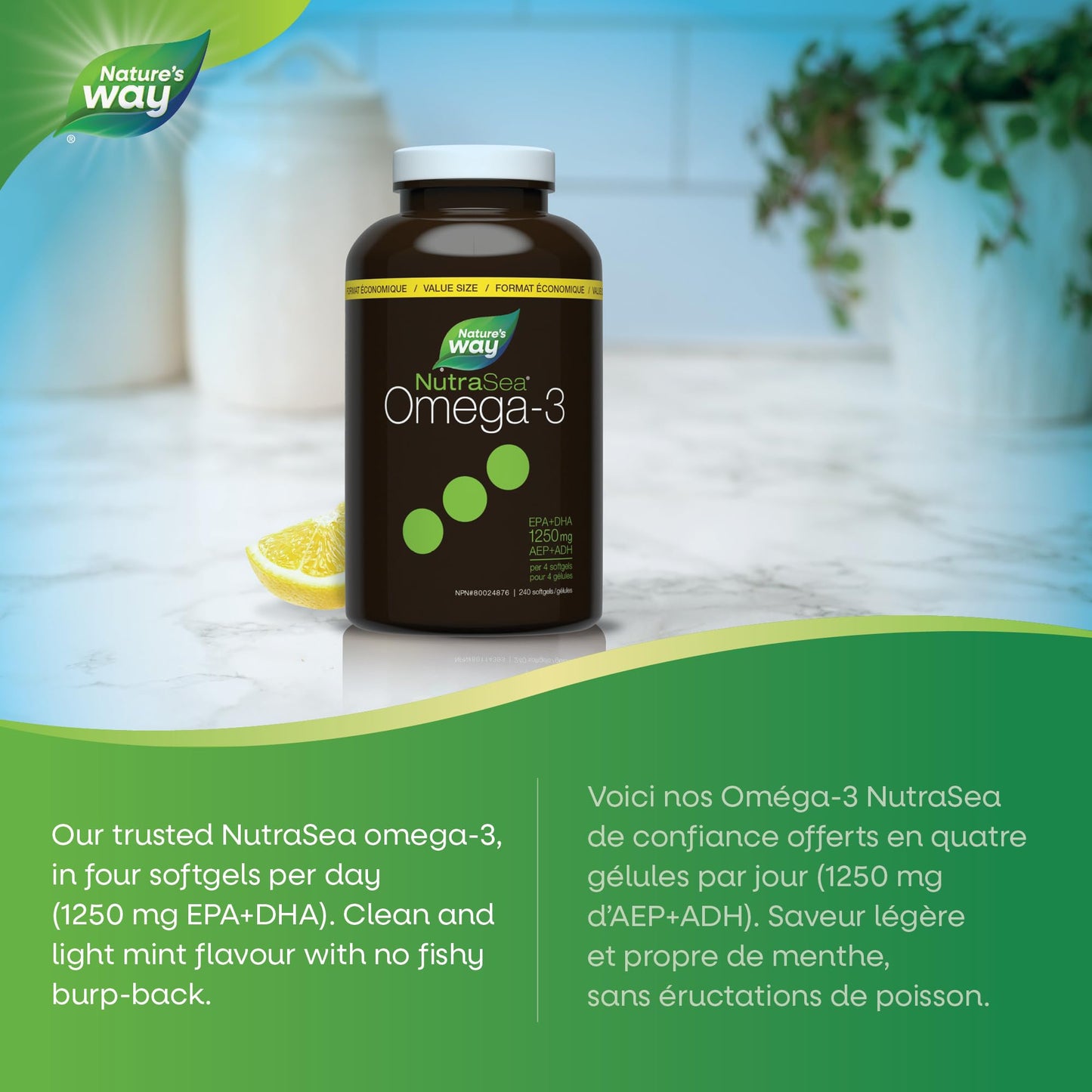 Nature's Way NutraSea Omega 3 Softgels Supplement with Fish Oil – Zesty Lemon Flavour – Heart & Brain Support for Kids Ages 6+ and Adults – EPA & DHA, 240 Softgels, Value Size - Available at All In One Marketplace Canada