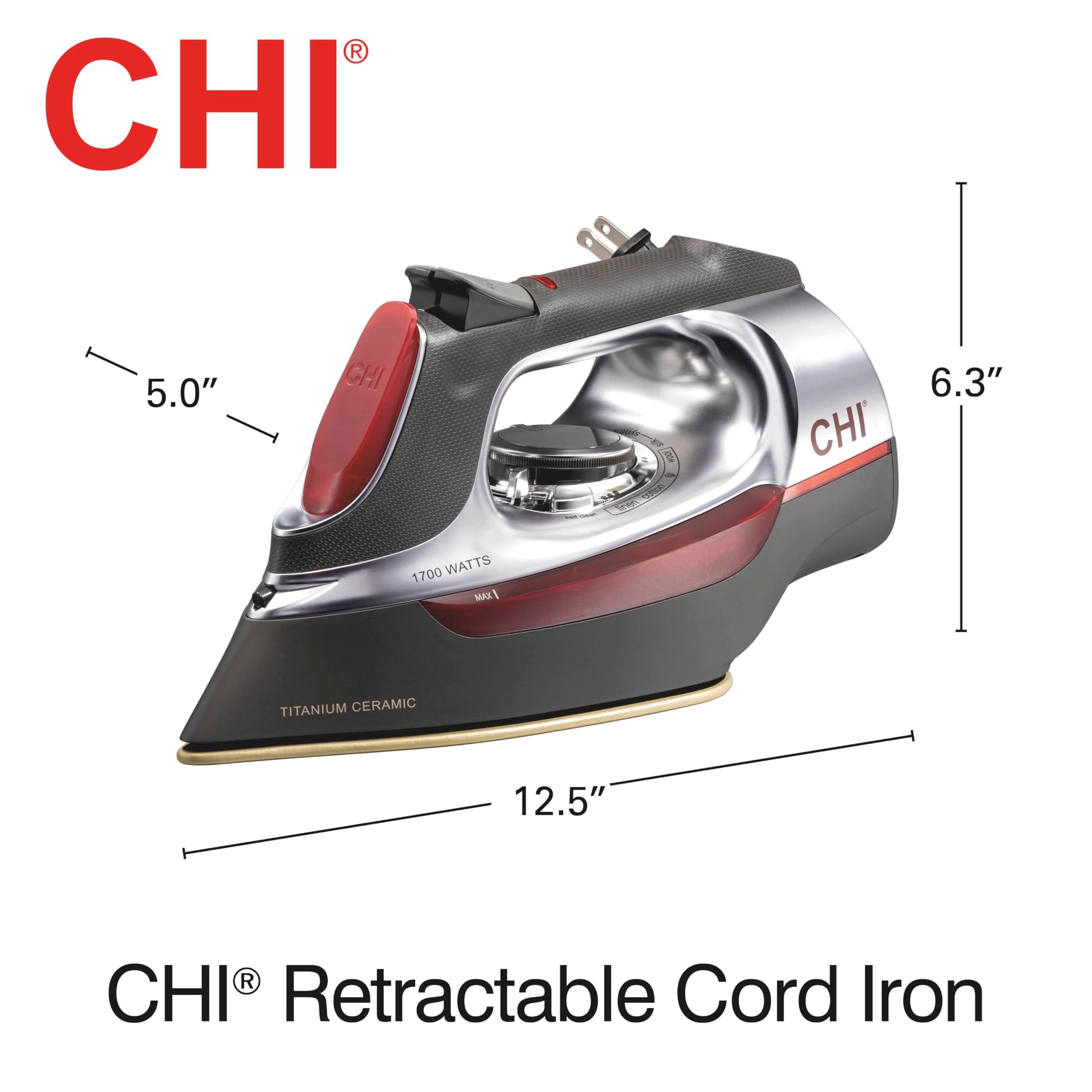 CHI Steam Iron for Clothes with 8’ Retractable Cord, 1700 Watts, 3-Way Auto Shutoff, 400+ Holes, Professional Grade, Temperature Control Dial, Titanium Infused Ceramic Soleplate, Silver (13106) CHI