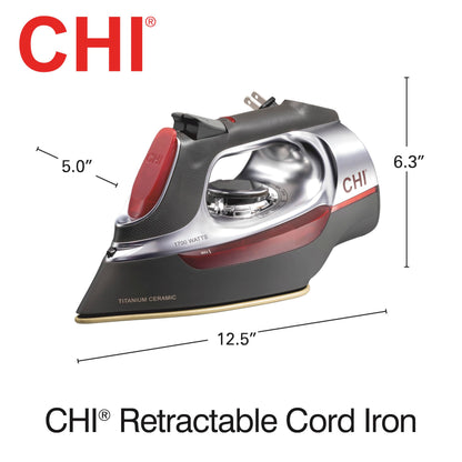 CHI Steam Iron for Clothes with 8’ Retractable Cord, 1700 Watts, 3-Way Auto Shutoff, 400+ Holes, Professional Grade, Temperature Control Dial, Titanium Infused Ceramic Soleplate, Silver (13106) CHI