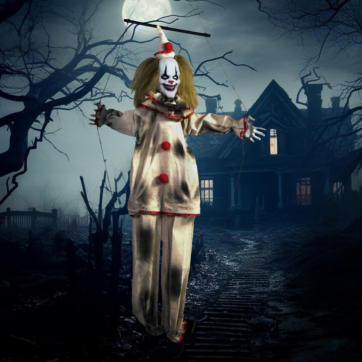 Haunted Hill Farm, clown animé Smalls de 140 cm sur balançoire, décoration d'Halloween pour intérieur ou extérieur couvert, fonctionne sur piles, décoration de fête