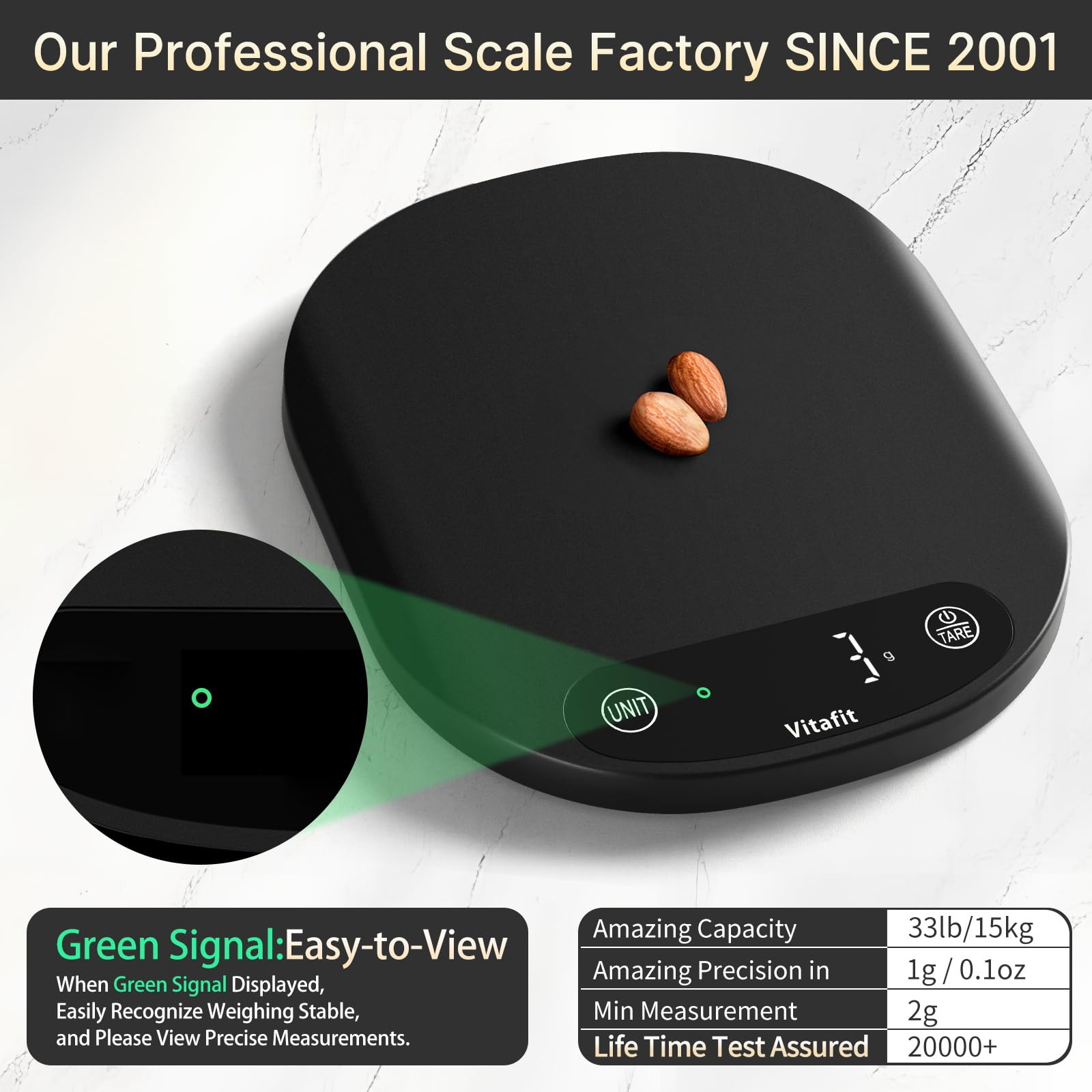 Vitafit 33lb Food Scale, High Accuracy 0.1oz by Our Professional Scale Factory Since 2001, Food Scale Digital Kitchen for Cooking Baking Coffee, LED Display, 3xAAA Battery, Black