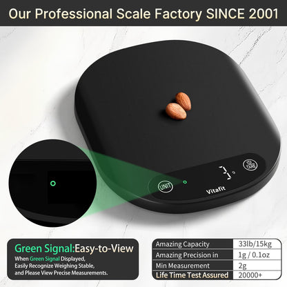 Vitafit 33lb Food Scale, High Accuracy 0.1oz by Our Professional Scale Factory Since 2001, Food Scale Digital Kitchen for Cooking Baking Coffee, LED Display, 3xAAA Battery, Black
