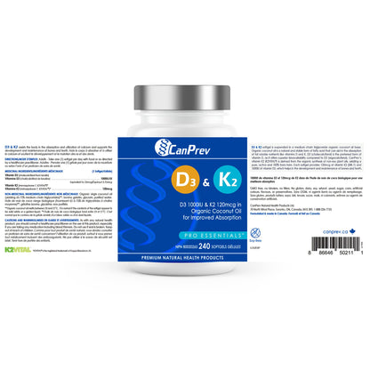 CanPrev - D3 & K2 Vitamin Supplement 240 Softgels 240-Day Supply, K2 MK7 Cholecalciferol Vitamin D3 Supplement, Organic Coconut Oil for Improved Absorption - Helps Build & Maintain Teeth & Bone Health
