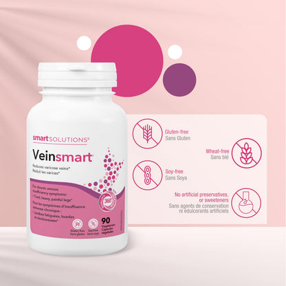 Smart Solutions Veinsmart Vegetarian Capsules, Supports Vein Health and Reduces Varicose Veins, Helps with Swelling and the Feeling Heaviness in the Legs. With 300 mg Diosmin, Gluten-Free, Soy-Free, 90 Count Lorna Vanderhaeghe