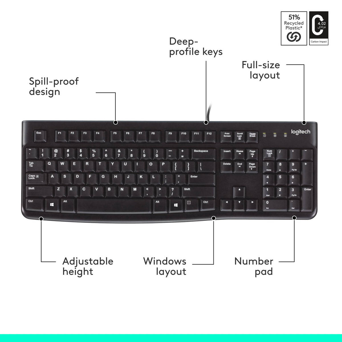 Logitech K120 Full Size Wired Keyboard USB Plug-and-Play Windows - Black