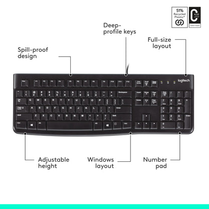 Logitech K120 Full Size Wired Keyboard USB Plug-and-Play Windows - Black