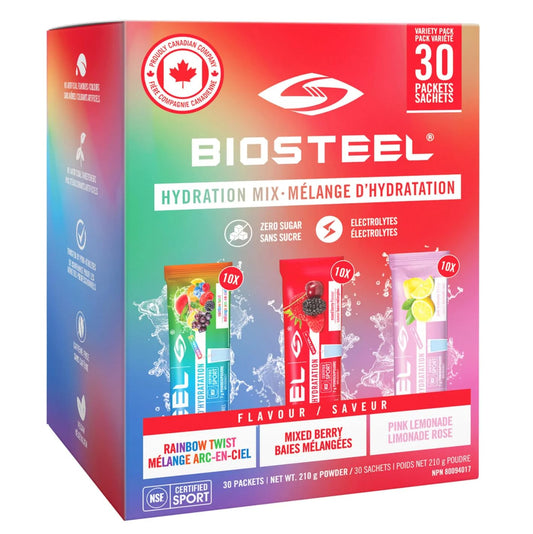 BIOSTEEL Zero Sugar Sports Hydration Mix Variety - Mixed Berry, Rainbow Twist & Pink Lemonade Flavours, 30 Packets