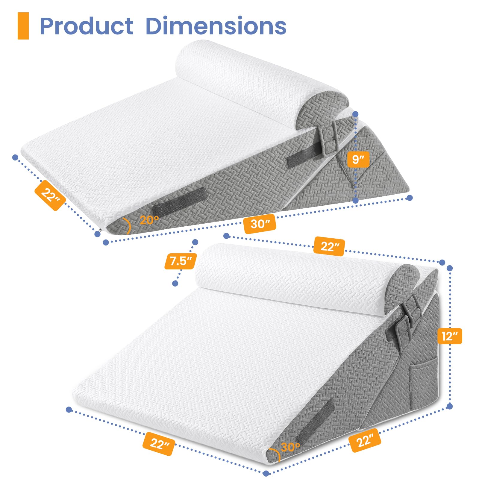 Sasttie Wedge Pillows for Adult, 2PCS Adjustable Bed Wedge Pillow for Post Surgery, Triangle Pillow Headboard with Bolster Cushion for Sleeping, Acid Reflux, Neck & Back Support, White and Dark Grey - Available at All In One Marketplace Canada