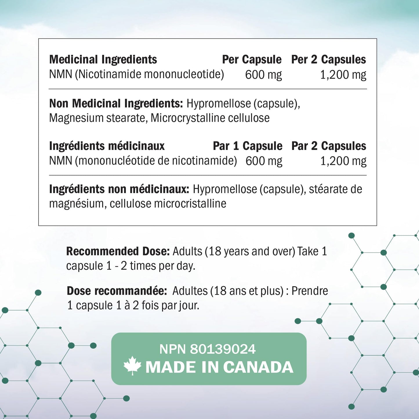 NMN Supplement 1200mg | Extra Strength | NAD+ Precursor for Healthy Aging, Cellular Energy & Longevity Support | 99% Purity | NMN Supplement Canada Made, Third-Party Tested & Vegan | 60 Capsules - Available at All In One Marketplace Canada
