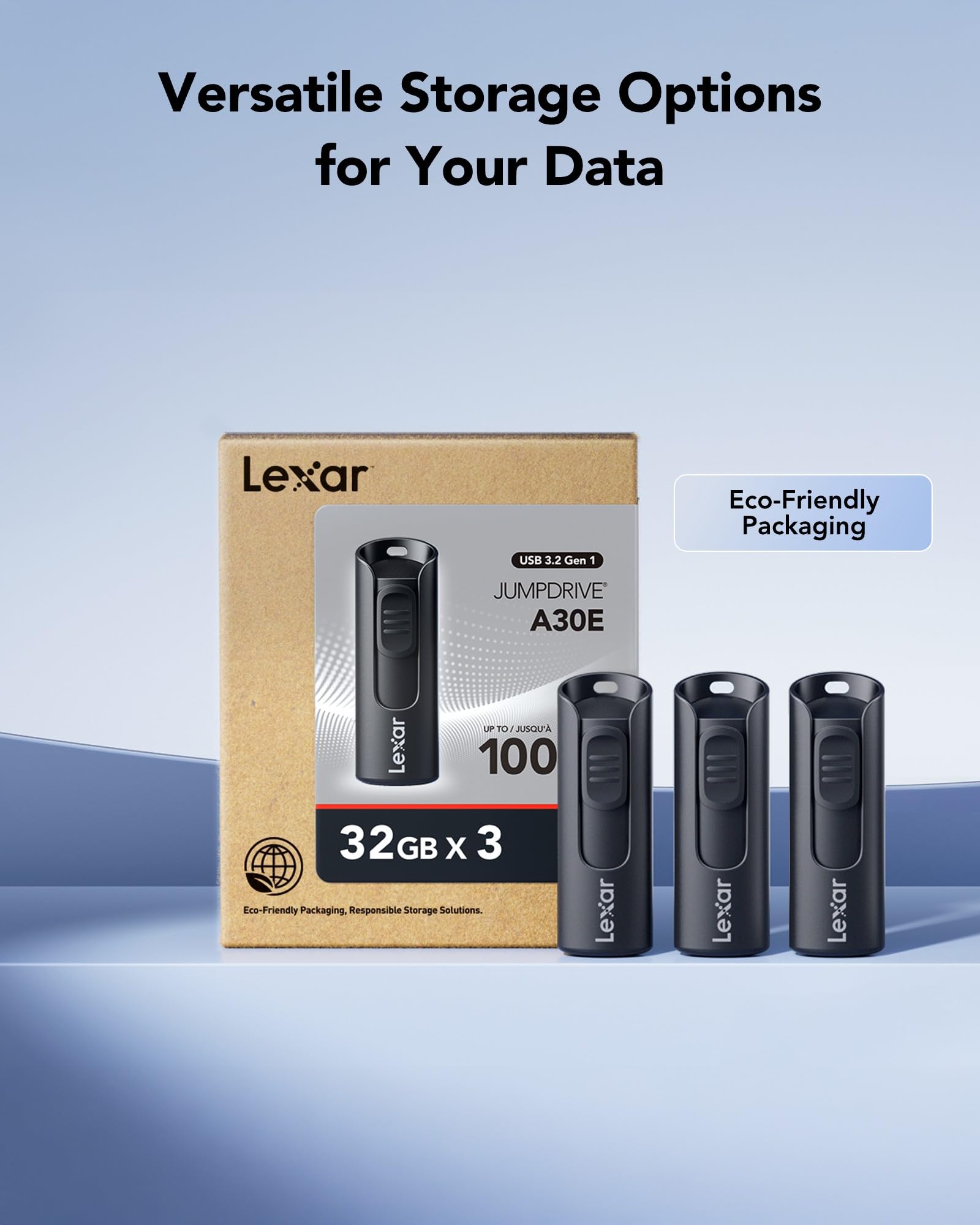 Lexar 32GB 3-Pack Flash Drive A30E USB 3.2 Gen 1, USB Drive up to 100MB/s, Storage Expansion and Backup for PC and Mac Systems