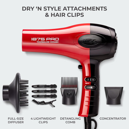 KISS 1875 Watt Pro Tourmaline Ceramic Hair Dryer, 3 Heat Settings, 2 Speed Slide Switch, Cool Shot Button, 2 Detangler Combs, 1 Concentrator, 1 Diffuser, Removable Filter Cap & 4 Sectioning Clips
