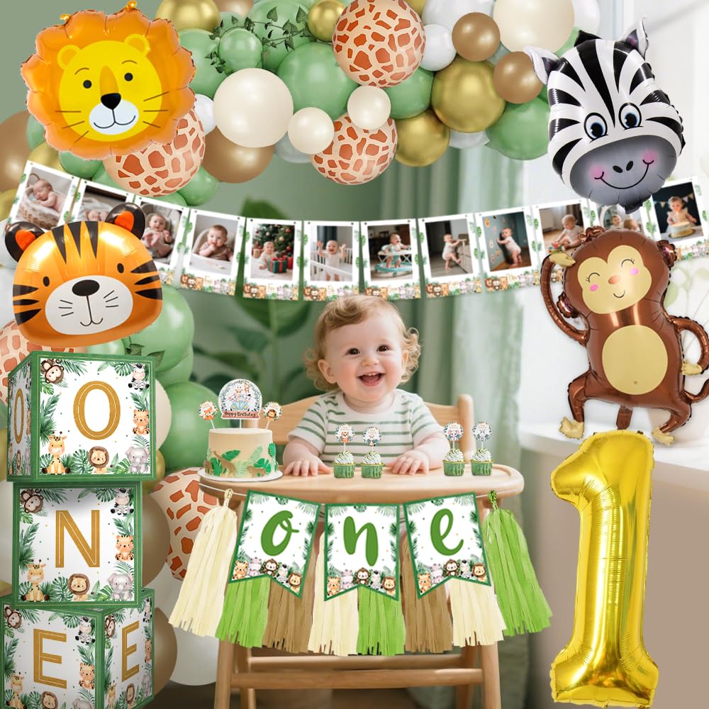 Wild Birthday Decorations, Safari Jungle Theme 1st Birthday Decorations for Boy or Girl, Photo Banner, Balloon Box, Balloons Garland, Foil balloons, High Chair Banner, Wild Backdrop, Cake Topper 🍁 All In One Marketplace Canada