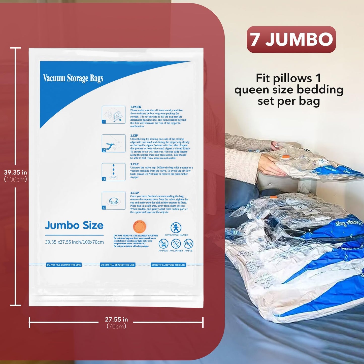Vacuum Storage Bags 7 Jumbo, Space Saver Sealer Bags,Plastic Packaging Bags,Compression Bags for Clothes, Pillows, Comforters, Blankets, Bedding