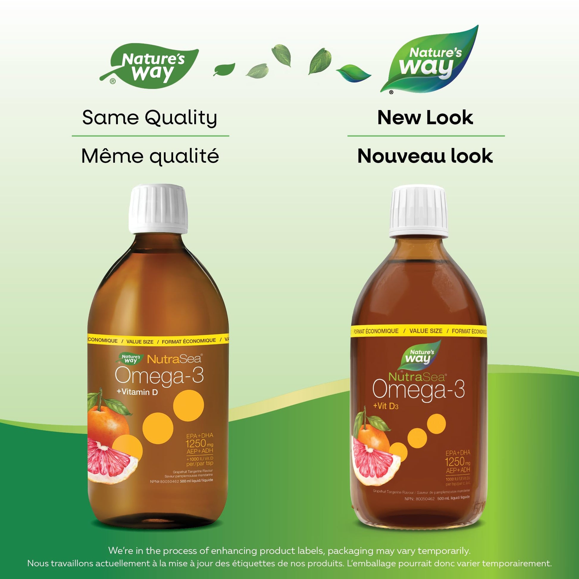 Nature's Way NutraSea Omega 3 + Vitamin D Fish Oil Liquid Supplement – Grapefruit Tangerine Flavour – Heart, Brain, Bone & Immune Support – EPA & DHA + 1000IU D3, 500 mL - Available at All In One Marketplace Canada