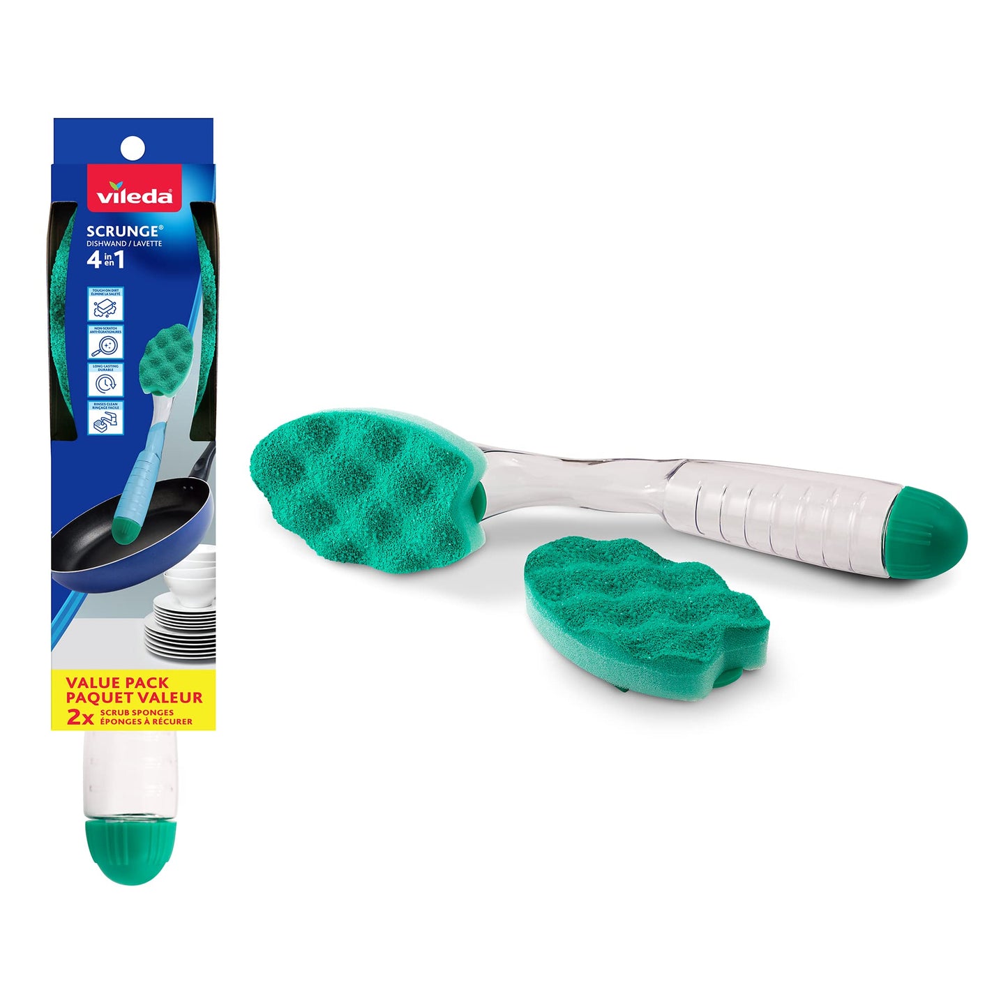 Vileda Scrunge Multi-Use Dishwand with 1 Extra Refill | Non-Scratch Dish Brush | Replaceable Scrubbing Sponge Head