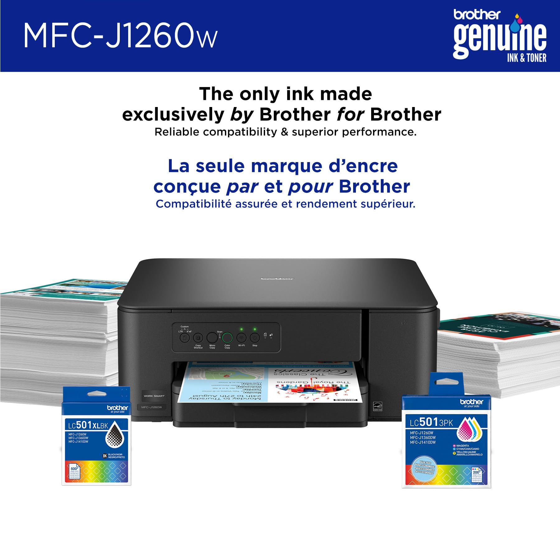 Brother MFC-J1260W Work Smart Wireless Colour Inkjet All-in-One Printer Scanner Copier for Home Office 150-Sheet Tray 16ppm Black 9ppm Colour with LC501 Starter Ink (MFCJ1260W)
