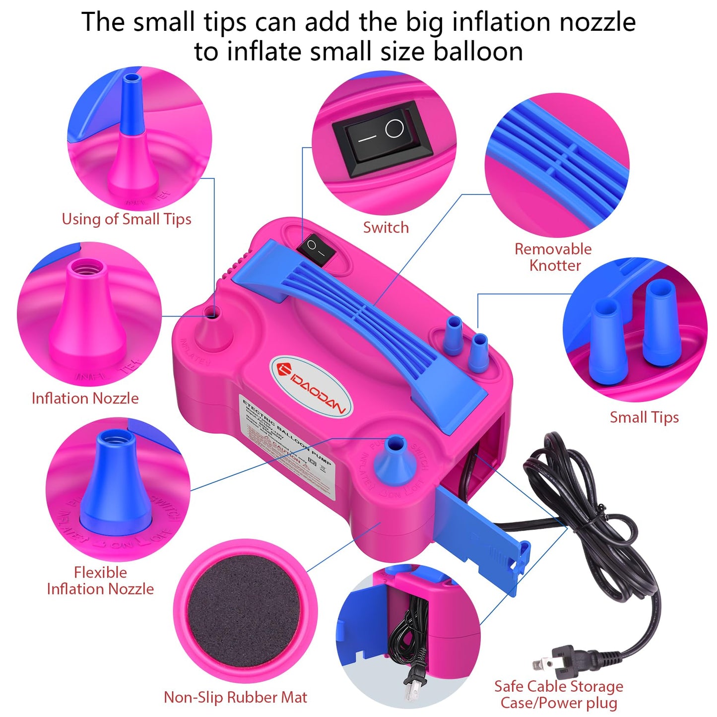 IDAODAN Electric Balloon Pump, Portable Electric Balloon Blower Machine Inflator Air Pump Dual Nozzle110V 600W for Party Decorations