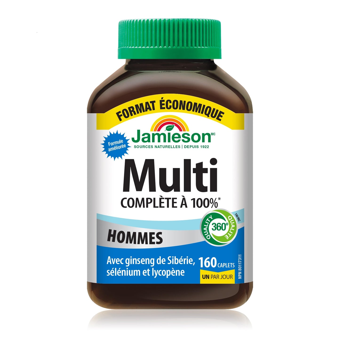 Jamieson 100% Complete Multivitamin for Men, with Siberian Ginseng, Lycopene and Selenium. Supports Eye Health, Energy, Immunity, and Everyday Health, Gluten-Free, One Per Day, 160 Caplets - Available at All In One Marketplace Canada