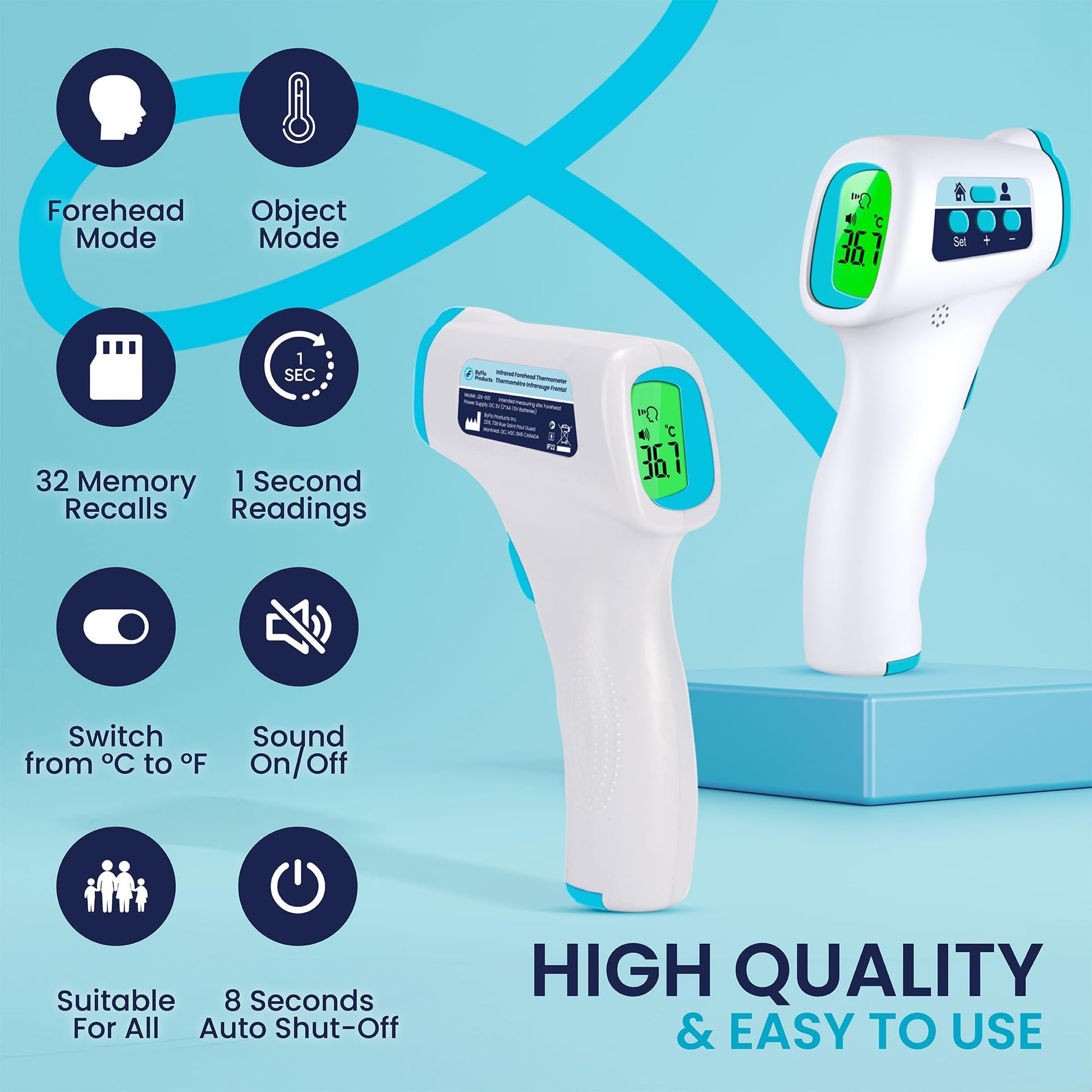 ByFloProducts Forehead Thermometer, Non Touch Digital Thermometer for Adult and Baby, Digital Infrared Thermometer, Fast and Accurate Reading with Fever Alarm, Blue - Available at All In One Marketplace Canada