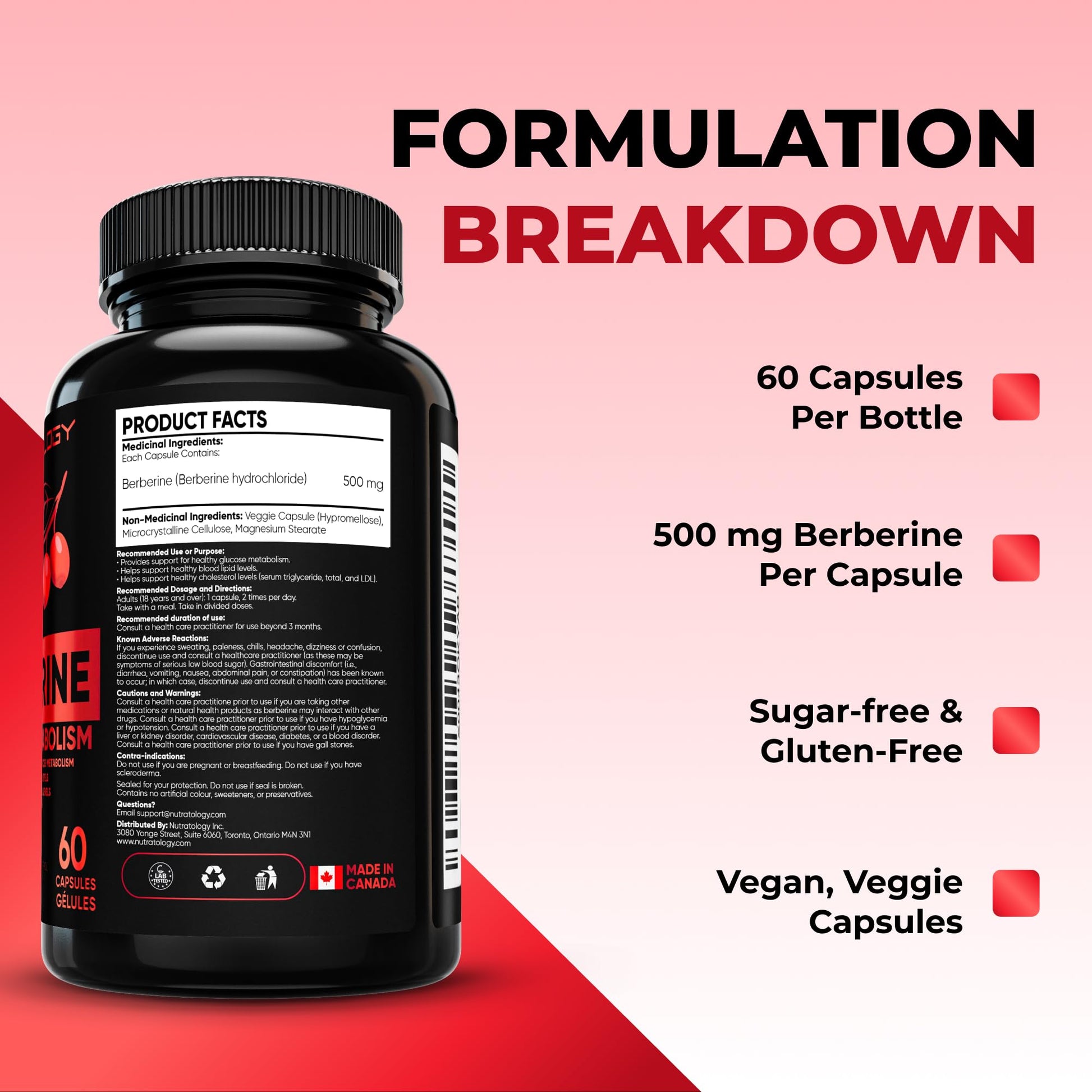 Nutratology® Berberine Supplement | Canadian-Made | Max Potency 500MG Per Capsule - Supports Glucose Metabolism & Healthy Blood Sugar Levels Through Efficient Metabolism Of Sugar & Fats - 60 Capsules - Available at All In One Marketplace Canada
