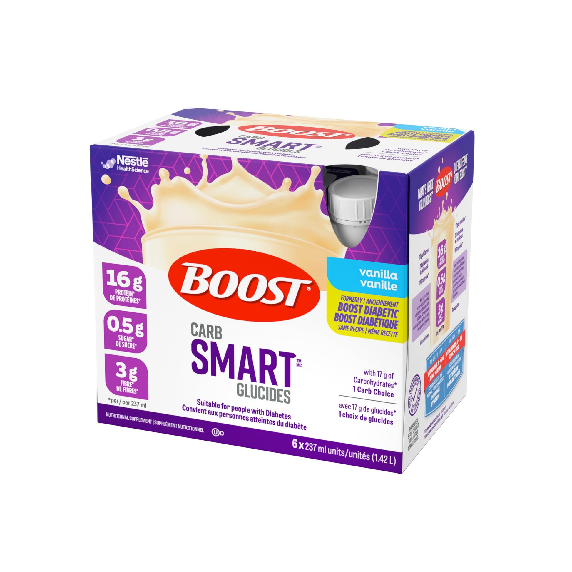 BOOST CarbSmart Vanilla, High Protein, Low Sugar, 24 Vitamins & Minerals, Nutritional Supplement, 16g Protein, 0.5g Sugar, Kosher, Gluten-free, Suitable For Diabetics, 24 Bottles, 6 kg Boost