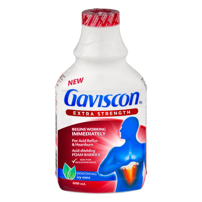 Gaviscon Liquid Extra Strength Antacid - 600 ml - Antacid Liquid for Day and Night Heartburn Relief, Acid Reflux and GERD Relief, Icy Mint- Free of Aluminum, Lactose and Gluten Gaviscon