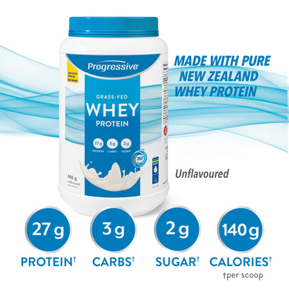 Progressive Grass-Fed 100% Whey Protein Powder Unflavoured, 27g of New Zealand Whey Concentrate per Scoop for Muscle Gain, Pasture-Raised, Non-GMO, Canadian-Made Antibiotic-free, Hormone-free, 850 g - Available at All In One Marketplace Canada