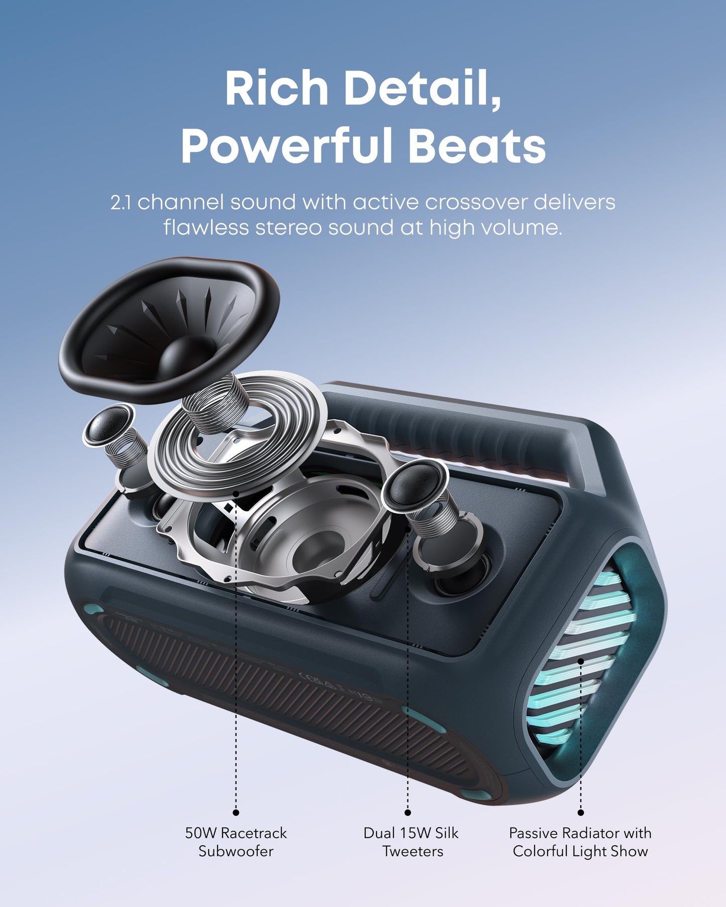 soundcore Boom 2 Outdoor Speaker, 80W, Subwoofer, BassUp 2.0, 24H Playtime, IPX7 Waterproof, Floatable, RGB Lights, USB-C, Custom EQ, Bluetooth 6.0, Portable, Camping, Beach, and Backyard-Blue