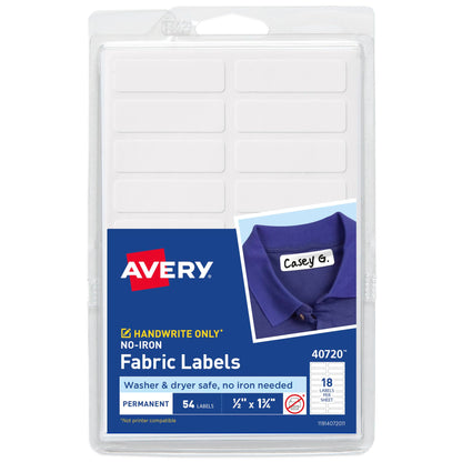 AVERY No Iron Clothing Labels, Washer & Dryer Safe, Writable Fabric Labels, 54 Labels, 1 Pack (40720), White, 1/2"x1-3/4" Avery