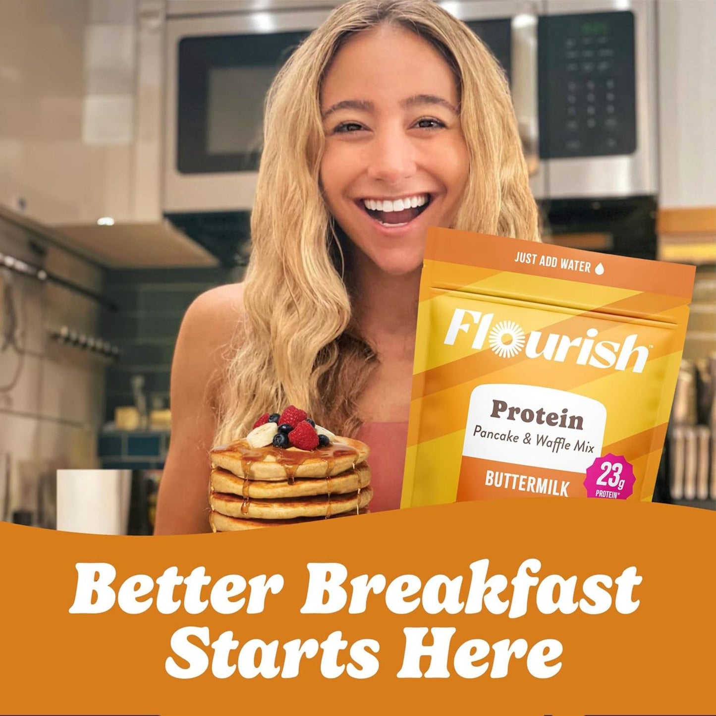 Flourish Protein Pancake & Waffle Mix with Whey Protein, No Added Sugar, High in Fiber - Just Add Water - Buttermilk Flavour, 430 g Each (2 Pack) - Made in Canada