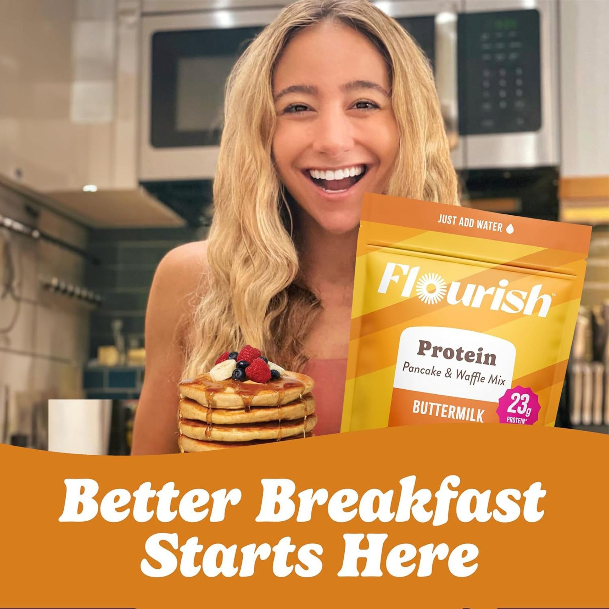 Flourish Protein Pancake & Waffle Mix with Whey Protein, No Added Sugar, High in Fiber - Just Add Water - Buttermilk Flavour, 430 g Each (2 Pack) - Made in Canada