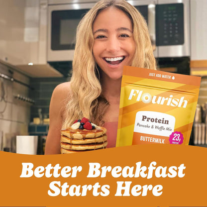 Flourish Protein Pancake & Waffle Mix with Whey Protein, No Added Sugar, High in Fiber - Just Add Water - Buttermilk Flavour, 430 g Each (2 Pack) - Made in Canada