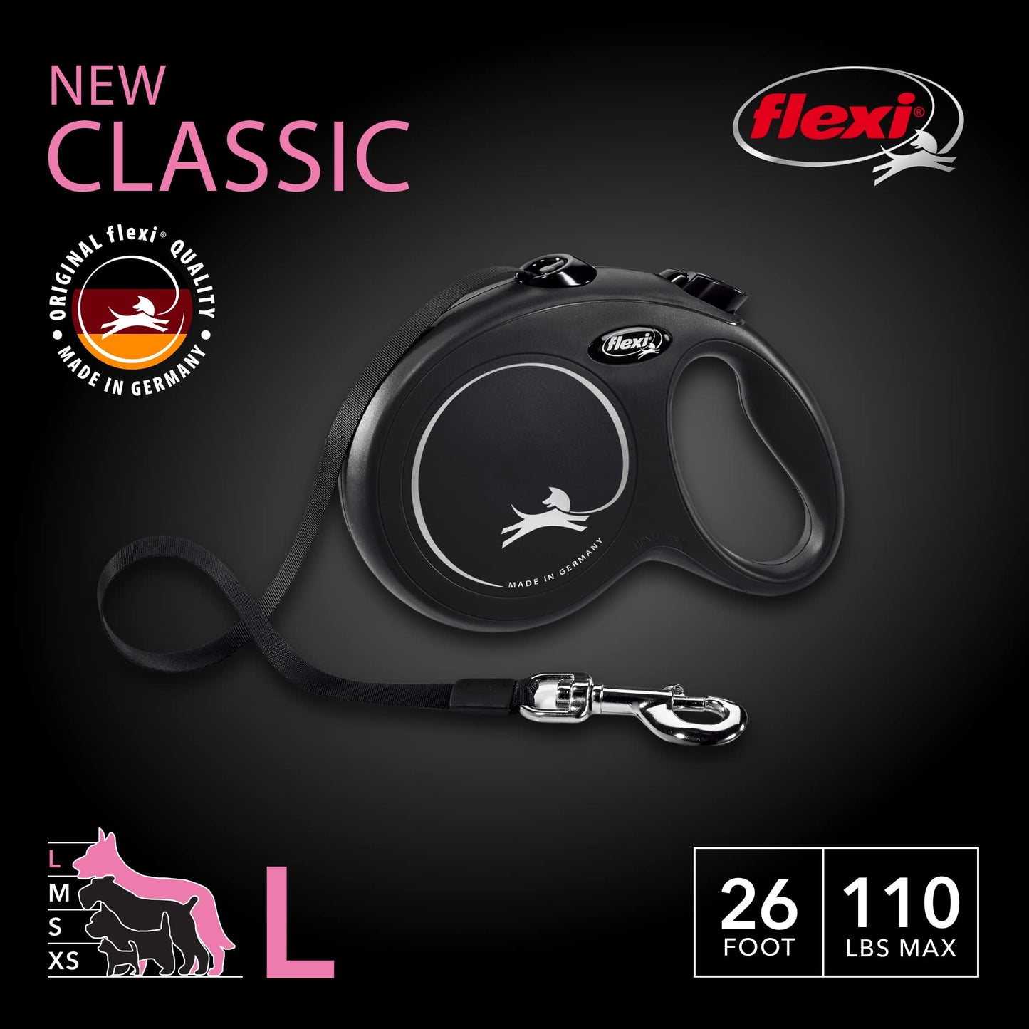 FLEXI New Classic Retractable Dog Leash (Tape) 26 feet, Large, Black 🍁 All In One Marketplace Canada